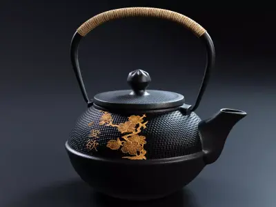Oriental Iron Teapot - Black Green and Pink 3D model