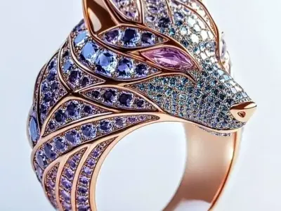 Luxury Fox Ring Rose Gold Wolf Blue Purple Gemstones 3D Low-poly 3D model