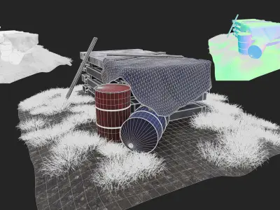 Construction scene Barrel and concrete slabs Free low-poly 3D model