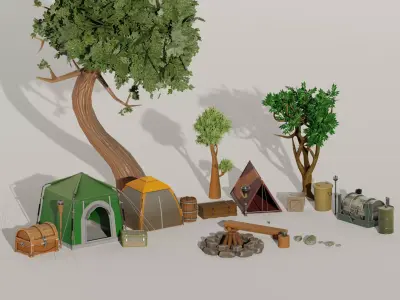 Fantasy camping game kit Unreal engine ready Low-poly 3D model