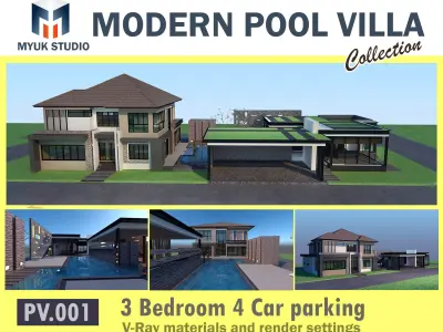 HQ Luxury Modern Pool Villa design with Bar Rooftop party area 3D model