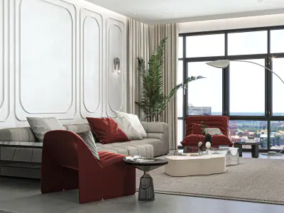 modern Living Room and Kitchen Scene for Cinema 4D 3D model  Low-poly 3D model