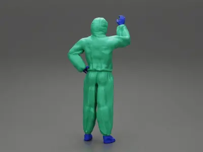 man wearing antivirus suit standing and holding 3D print model