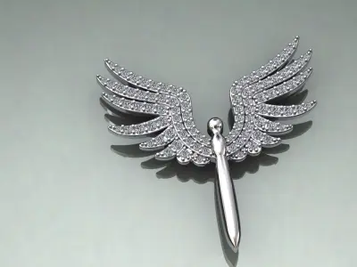 pendant gold angel wings brooch with diamonds 3D print model