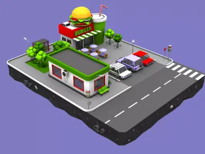 Burger Cafe Block from Cartoon Low Poly City Low-poly 3D model