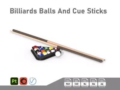 Billiards Balls And Cue Sticks Low-poly 3D model