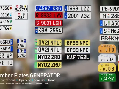 EU UK Switzerland Japanese Spain Italian Number Plate Low-poly 3D model