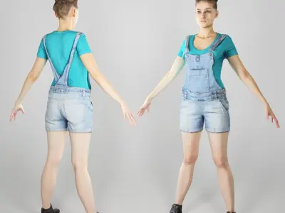 Pretty girl in denim in A-pose 191 Low-poly 3D model