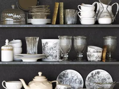 Set-143 tea cups and saucers on shelf 3D model