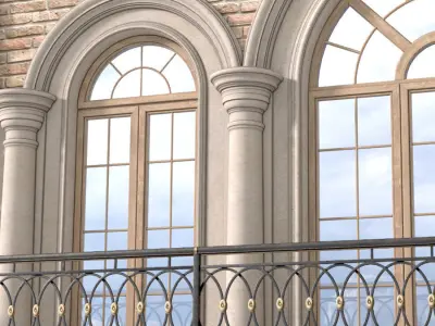 Balcony with arched windows and wrought iron railing 3D model