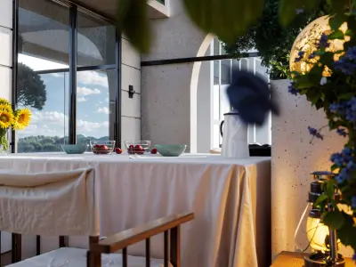 Modern Balcony Dining Space with Firepit and Greenery 047 3D model