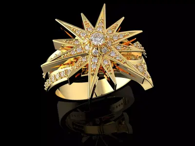 Stern Ring 3D Model Gold and Diamond Starburst Design 3D print model