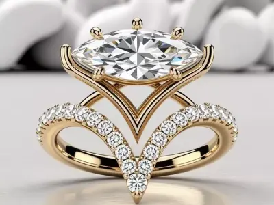 Luxury Marquise Diamond Ring 3D Jewerly Gold V-Shaped Band Pave Low-poly 3D model