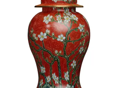 Sakura Red Ceramic Ginger Jar Nightstand European Table Lamp 3D model