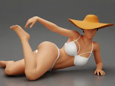 Sexy girl in bikini lying on the beach with hat 3D print model