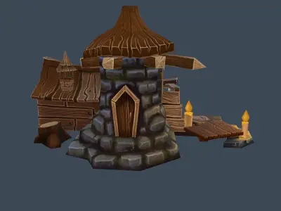 Cartoon Old Wood and Stone Workshop Sawmill Low-poly 3D model