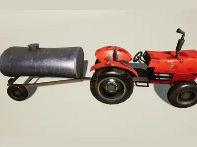 Farm tractor and trailer Low-poly 3D model
