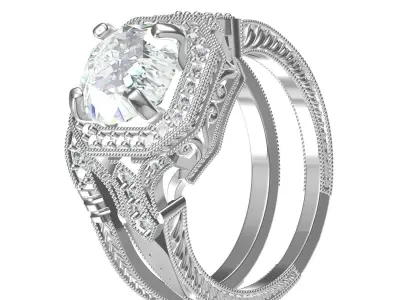 Unique Art Deco Engagement Ring With Band 3D print model