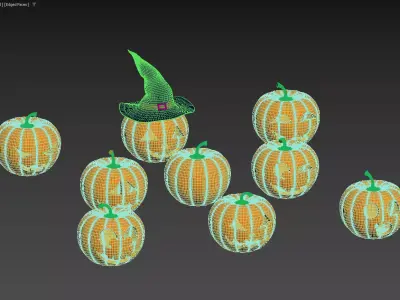 Halloween Jack O Lantern Collection with Witch Hat Decor 3D model
