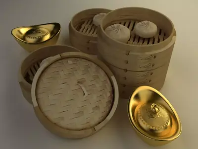 Chinese gold Ingot  and bamboo steamer  3D model