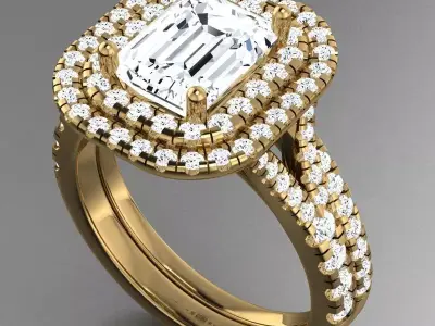 Luxury Gold Engagement Ring Set With Double Halo Diamonds 3D print model