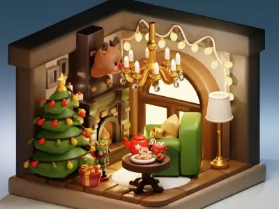 Interior Christmas and New year Living Room Item Pack Low-poly 3D model