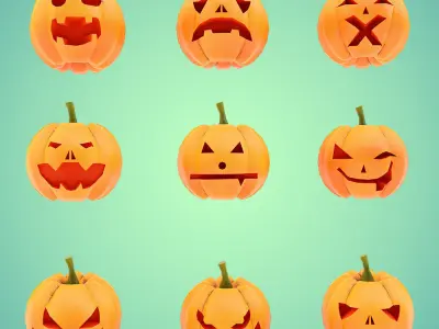 Carved pumpkin heads low poly 3d models set 3  Low-poly 3D model