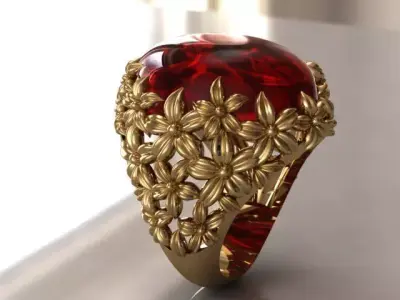 plumeria ring with cobochon gem 3D print model