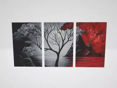  Panels Cloud Tree Oil Painting Landscape Canvas Wall Art  Low-poly 3D model