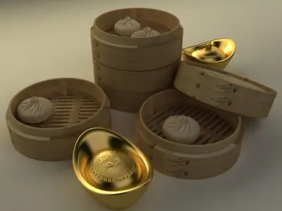 Chinese gold Ingot  and bamboo steamer  3D model