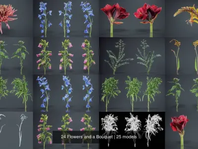 24 Flowers and a Bouquet 3D Model Collection