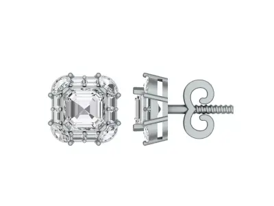 Asscher-Cut Diamond Halo Stud Earrings in Yellow Gold 3D print model