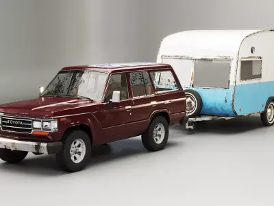 Aged Toyota land Cruiser J60 and Classic Camping Caravan 3D model