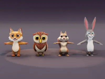 Fox Owl Squirrel Rabbit Pack 3D Model Low-poly 3D model