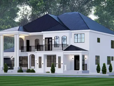 Ranch Farmhouse Exterior Classic American Country Home Design 3D model