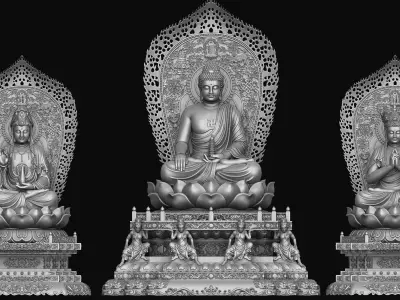 3d model sculpture of three holy buddhas 3D model