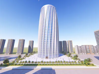 Tower tall building in middle of grassy area Low-poly 3D model