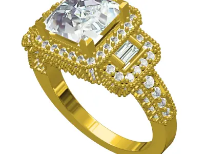 Princess Diamond Three Stone Halo Diamond Art Deco Ring 3D print model