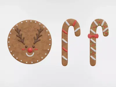 Gingerbread Christmas Cookie 2 - Candy Cane and Reindeer 3D model