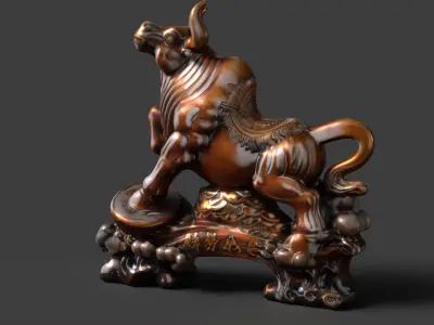 Chinese wooden ox figure  Low-poly 3D model