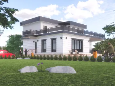 villa modern house with car on lawn Low-poly 3D model