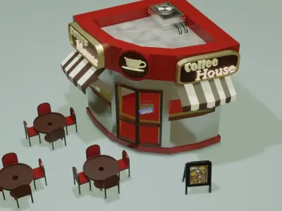 Outside- coffee shop low poly Free low-poly 3D model