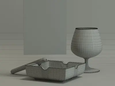 Whiskey with ashtray and cigar 3D model