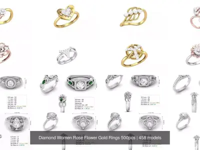 Diamond Women Rose Flower Gold Rings 500pcs 3D Model Pack