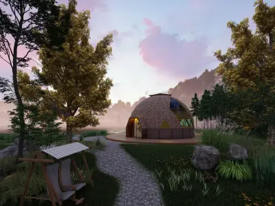 Design model of a 14m diameter geodesic dome cabin 3D model