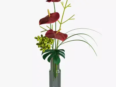 Anthurium arrangement of flowers in glass vase 3D model