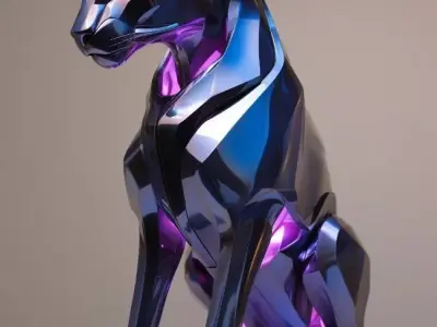 Neon Panther Sculpture Glossy Metallic Cat Purple Accents 3D Low-poly 3D model