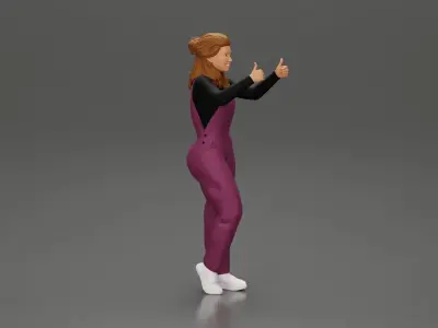 Smiling girl in overalls showing a thumbs up with both hands 3D print model