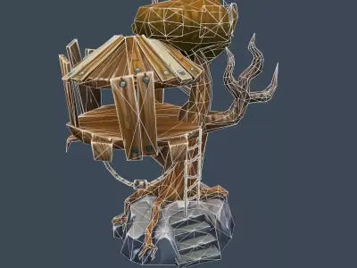 Cartoon Old Wooden House on the Tree Low-poly 3D model