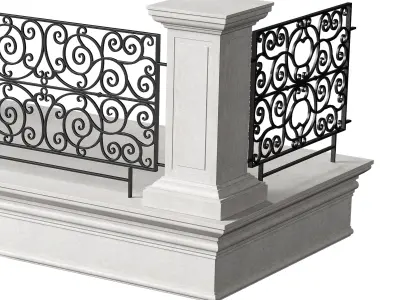 Classic Marble Balcony with Wrought Iron Railings 2 3D model